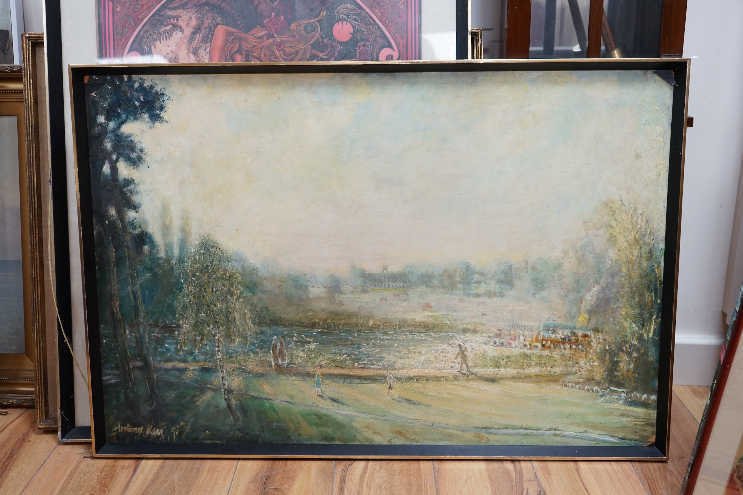 Anthony Kerr (b.1924), oil on board, ‘Syon House from Kew Gardens', signed, 'Art Exhibition, Pictures with an Impact' label verso, 60 x 90cm. Condition - fair